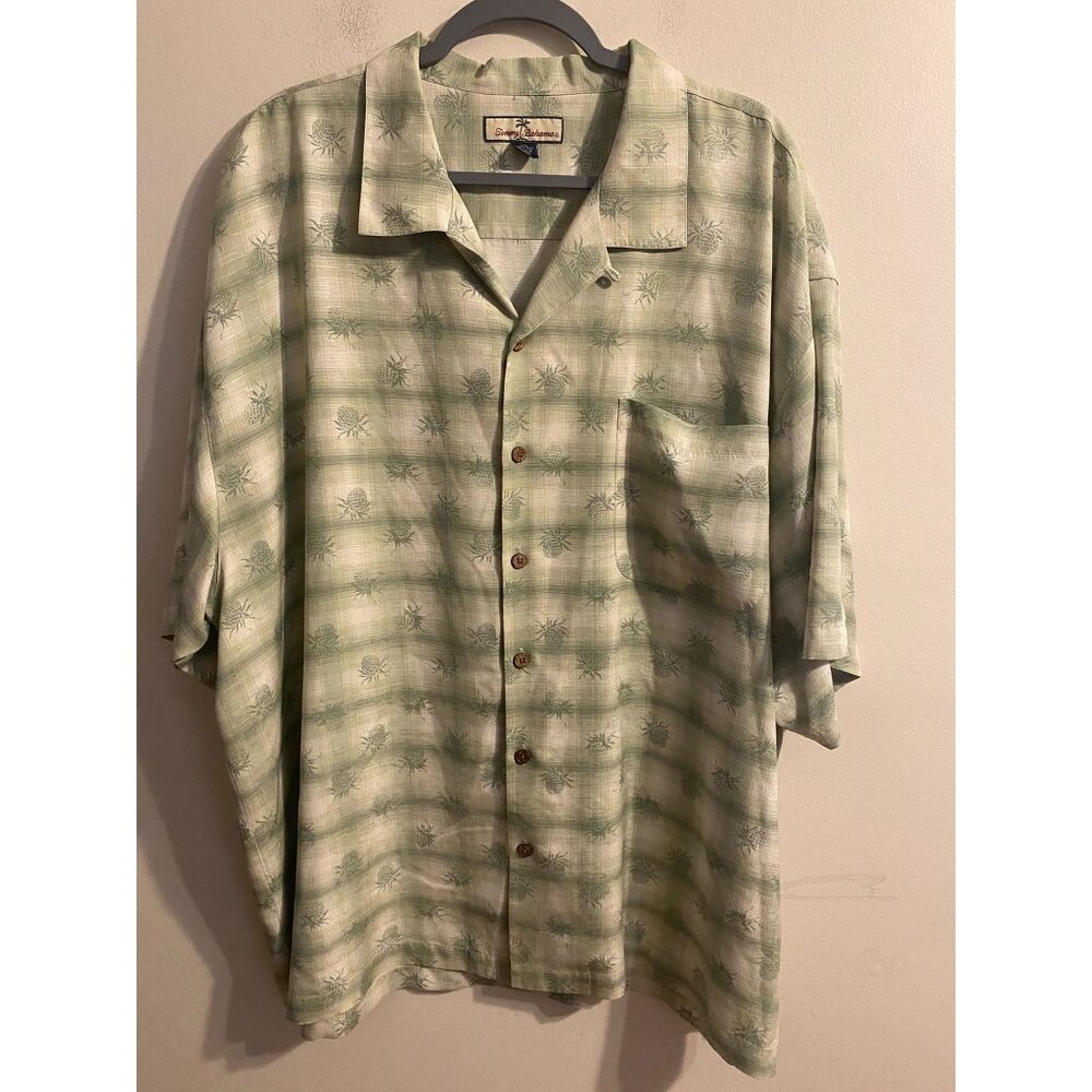 Men's Tommy Bahama 100% Silk Green Pineapple Print Button Down Hawaiian Shirt 2X